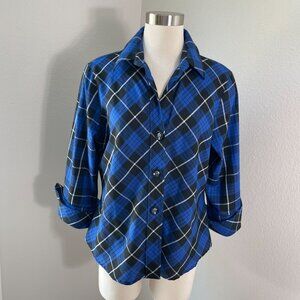 Foxcroft Womens 14P Wrinkle Free Fitted Plaid Button Up Shirt Blue Black Blouse